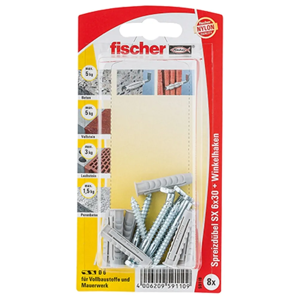 Fischer 8x Dübel SX 6x30 WH mit Winkelhaken - 59110 Auslauf